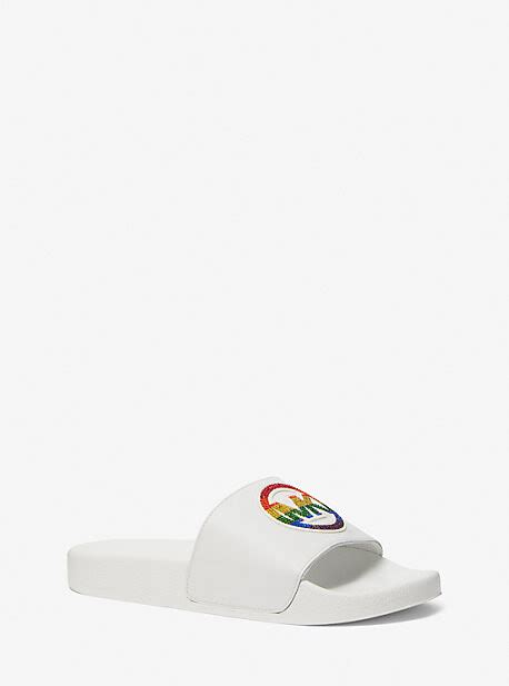 michael kors slides rainbow|PRIDE Jake Rainbow Embellished Logo Leather Slide Sandal.